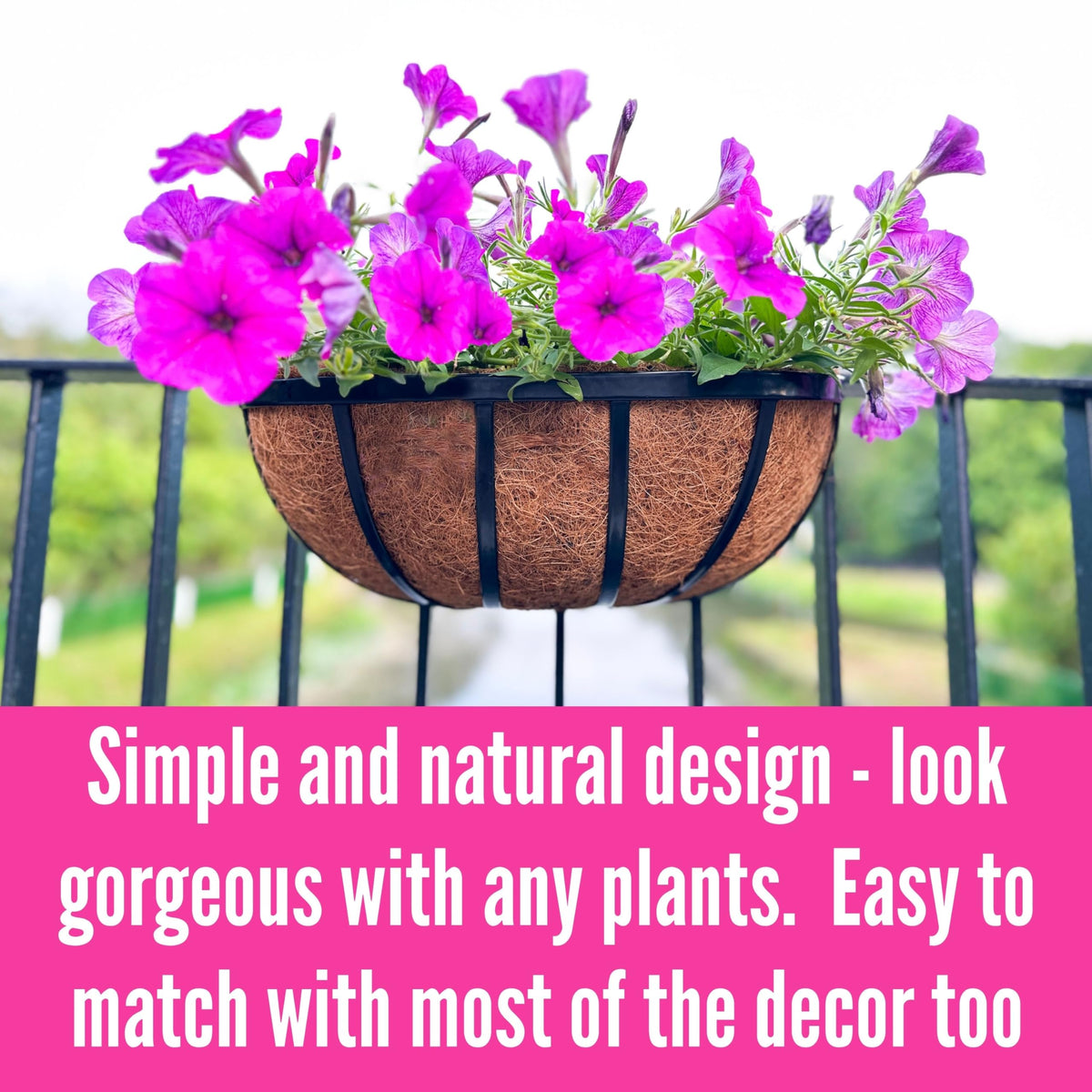 LaLaGreen Deck Railing Planter Boxes (16 Inch, 2 Pack) Black Metal Rectangular Hanging Planters with Coco Liner, Adjustable Flower Planter Box Brackets for Plants Fence Balcony Patio Porch Over Rail