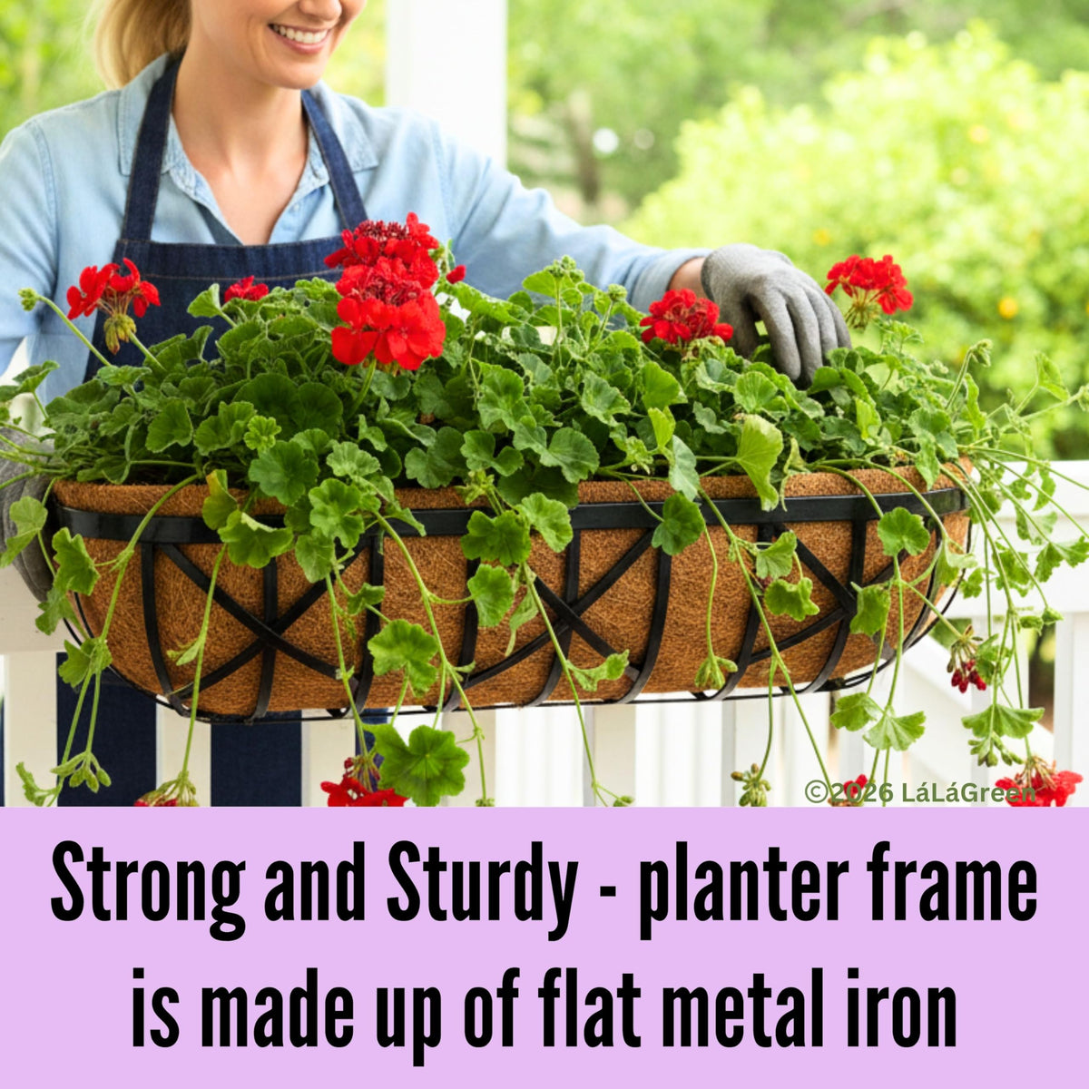 LaLaGreen Cross Metal Railing Planter Boxes with Coco Liners and Adjustable Brackets