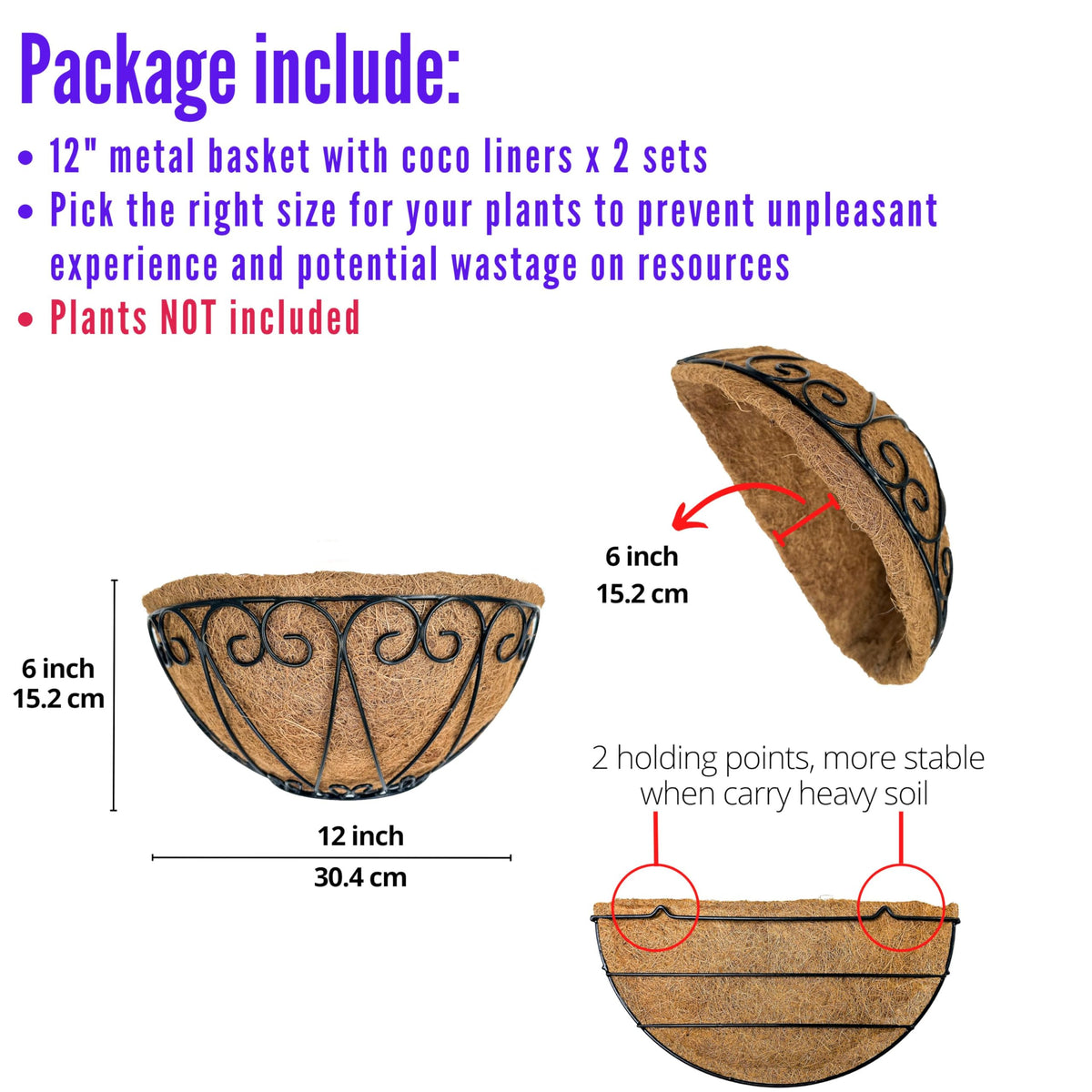 LaLaGreen Wall Planters for Plants (12 in, 2 Pack) Black Coco Liner Baskets