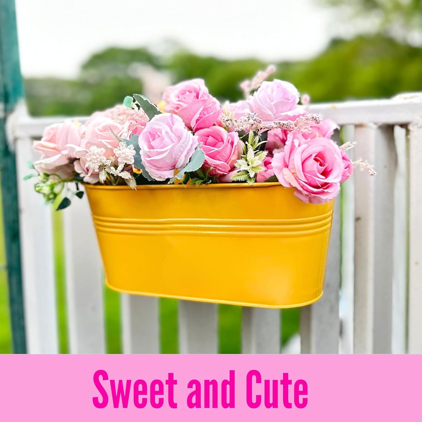 LaLaGreen Outdoor Hanging Planter (11.2 Inch, 6 Pack) Light Blue, Green, Neon Pink, Yellow, Orange, Peachy Pink Metal Iron Window Box Flower Pot Deck Railings Fence Rail Bucket Porch Home Garden Decor