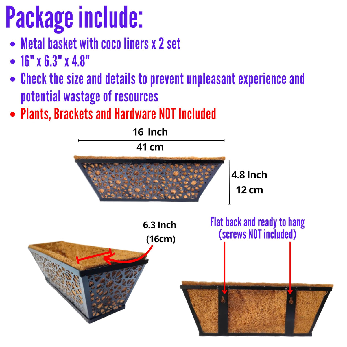 LaLaGreen Black Wall Planter (12 in, 2 Pack) Long Metal Window Flower Box