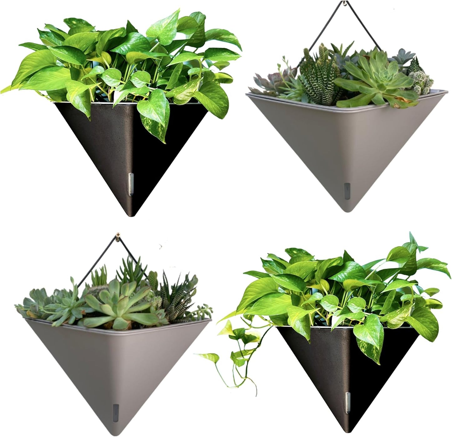 LaLaGreen Wall Planters for Indoor Plants - 4 Pack, 12 Inch Large Self Watering Gray Geometric Hanging Flower Vase Vessel with Metal Hanger, Modern Stylish Wall Mounted Succulent Pot Holder Decor