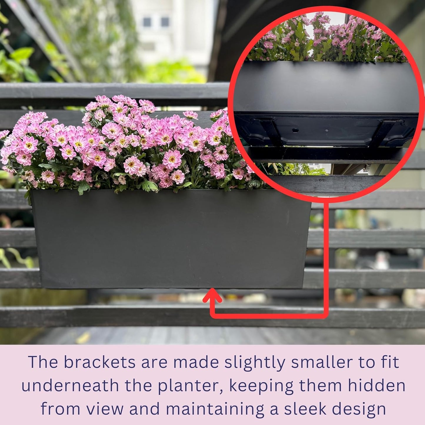 LaLaGreen Deck Railing Planters (2 Pack, 14 Inch) Black Rectangular Window Flower Box with Bracket, Self Watering System Hanging Planter Boxes for Outdoor Plant Pots Container Rail Fence Balcony Herb