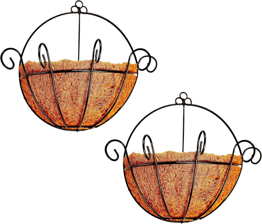 ShopLaLa Wall Hanging Planter for Outdoor Plants (2 Pack, 12 Inch) Wall Mounted Flower Baskets with Coco Liner for Outside Plant, Fence Railings Pots Holder Balcony Deck Porch Modern Garden Decor