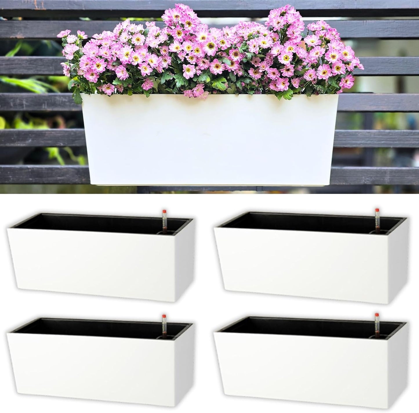 LaLaGreen Rail Planter for Balcony Outdoor (20 Inch, 2 Pack) Large White Self Watering Deck Railing Planters with Brackets, Rectangular Plastic Fence Flower Box Designer Choice