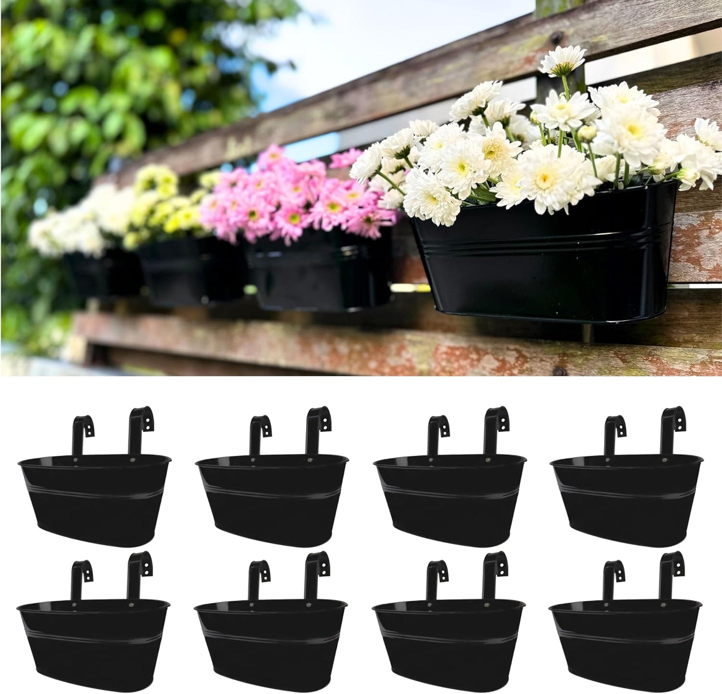 LaLaGreen Rail Planter Outdoor Plants(5 Pack, 11.8 Inch) Black Metal Iron Hanging Flower Pots Deck Railings Fence Buckets Modern Countryside Boho Style Wall Mount Window Box Plant Holder Porch Decor