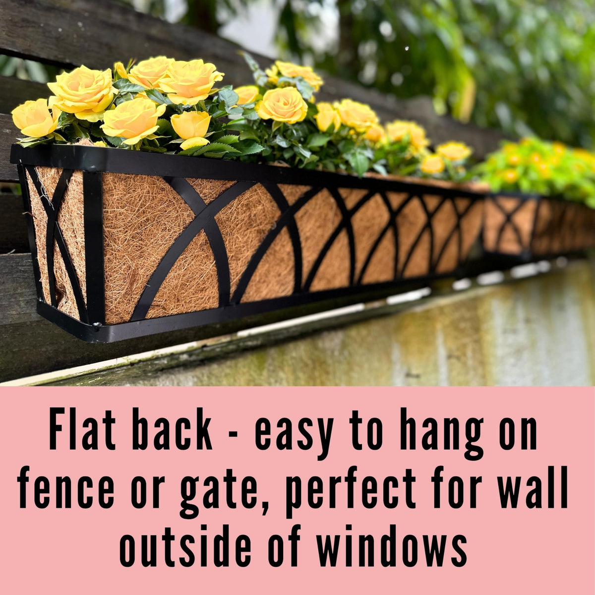 LaLaGreen Wall Planter (2 Pack, 24 Inch) Large Wall Hanging Planter Coco Liner Metal Iron Window Flower Boxes Outdoor Basket Box Attach House Outside Fence Rail Railing Plant Holder Deck Porch Balcony