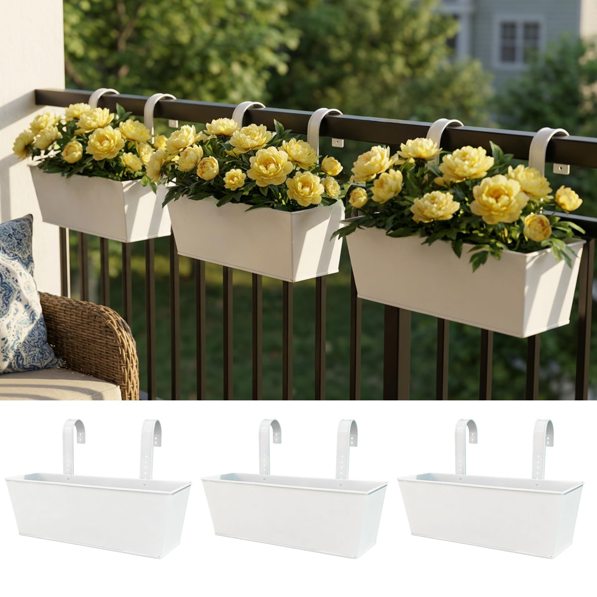 LaLaGreen Rectangular Metal Railing Planter Boxes