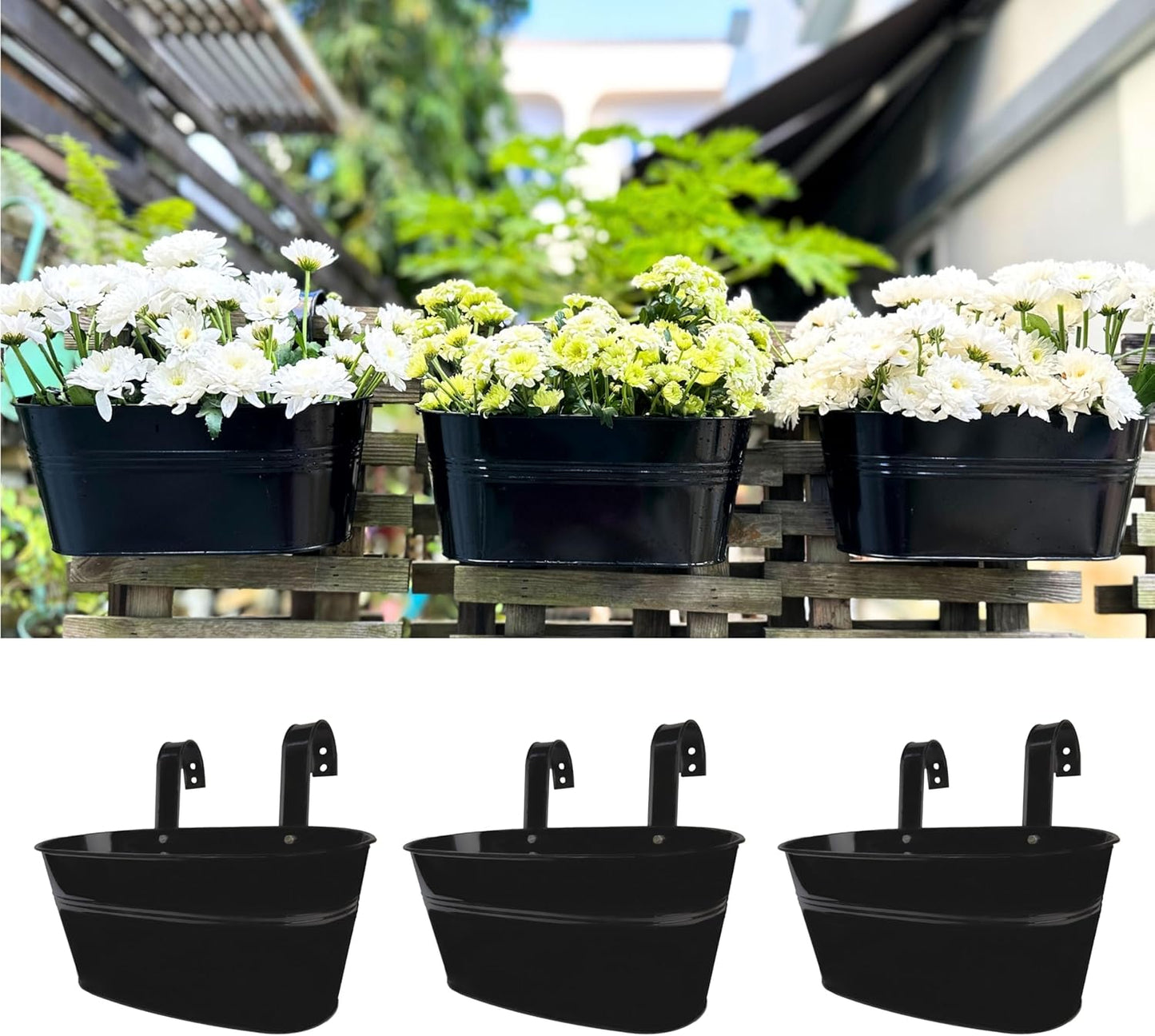 LaLaGreen Railing Planter Outdoor Plants (11.2 Inch, 2 Pack) Black Metal Iron Hanging Flower Pots Deck Rail Fence Hanging Bucket Modern Countryside Style Window Box Plant Holder with Hooks Porch Decor