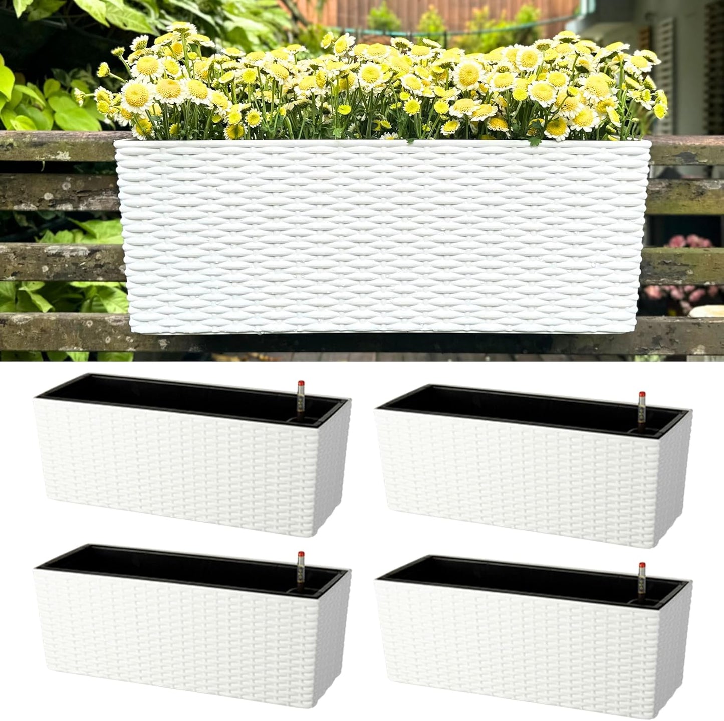 LaLaGreen Deck Railing Planter Box (4 Pack, 20 Inch) White Rectangular Window Flower Boxes with Bracket, Self Watering System Hanging Planter Box for Outdoor Plant Container Herb Rail Fence Balcony