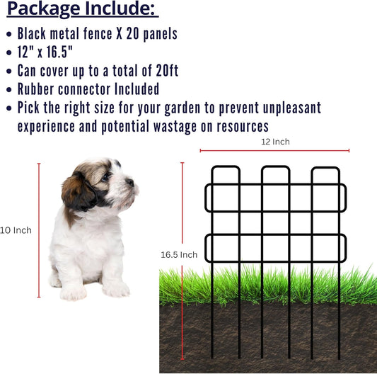 ShopLaLa Garden Fence Border (20 Panels) 12in(L) x 16.5in(H) Rustproof Decorative Black Metal Wire Animal Barrier, Flower Edging for Landscape Patio Outdoor Decor, Dog Pet Fences for Yard No Dig