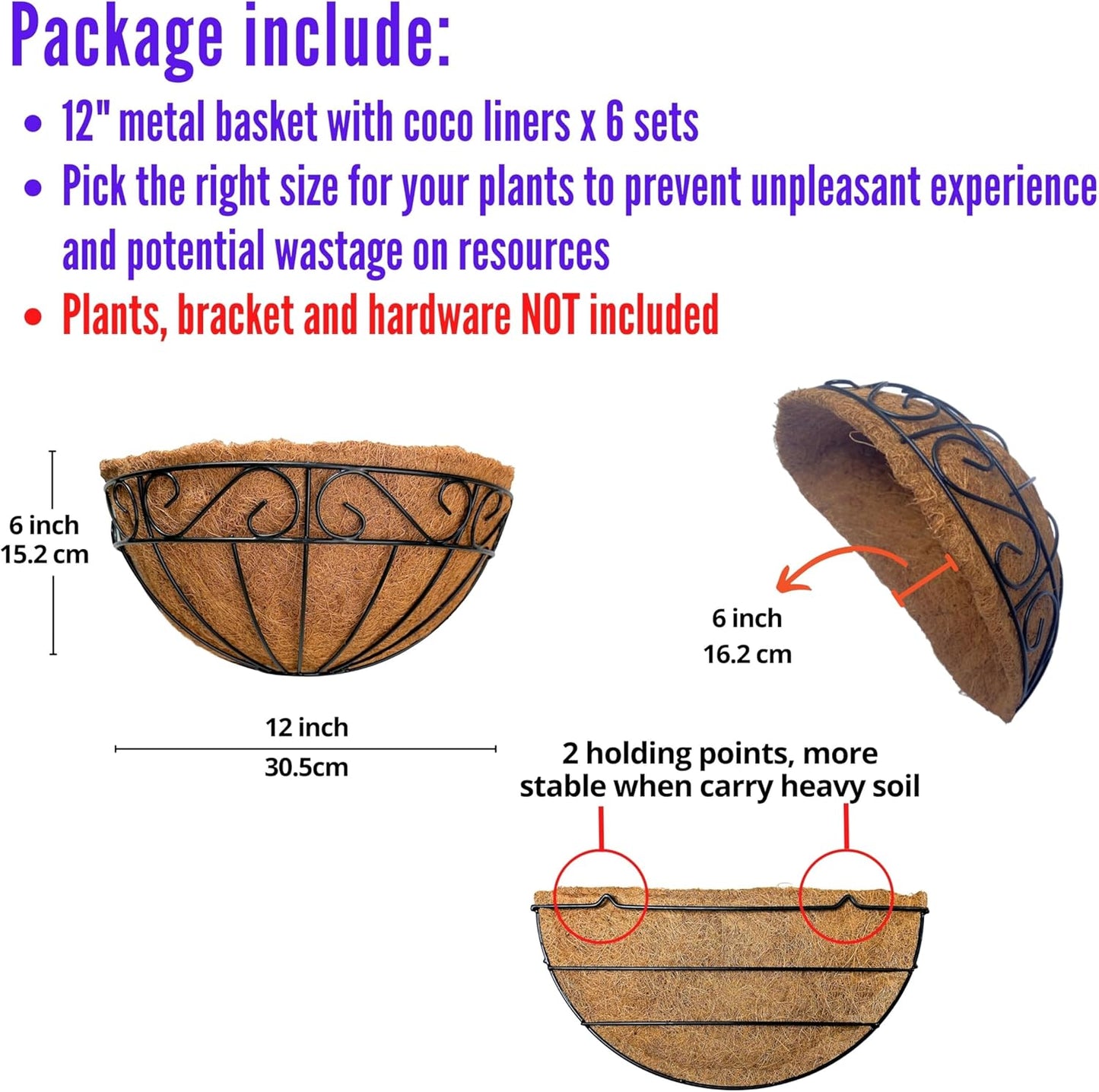 LaLaGreen Wall Hanging Planters, 6 Pack, 12 Inch Balcony Flower Baskets with Coco Liner Outside, Outdoor Vertical Garden, Fence Pots Holder Half Round Semi Circle Rail Railing Deck Porch Balcony Patio