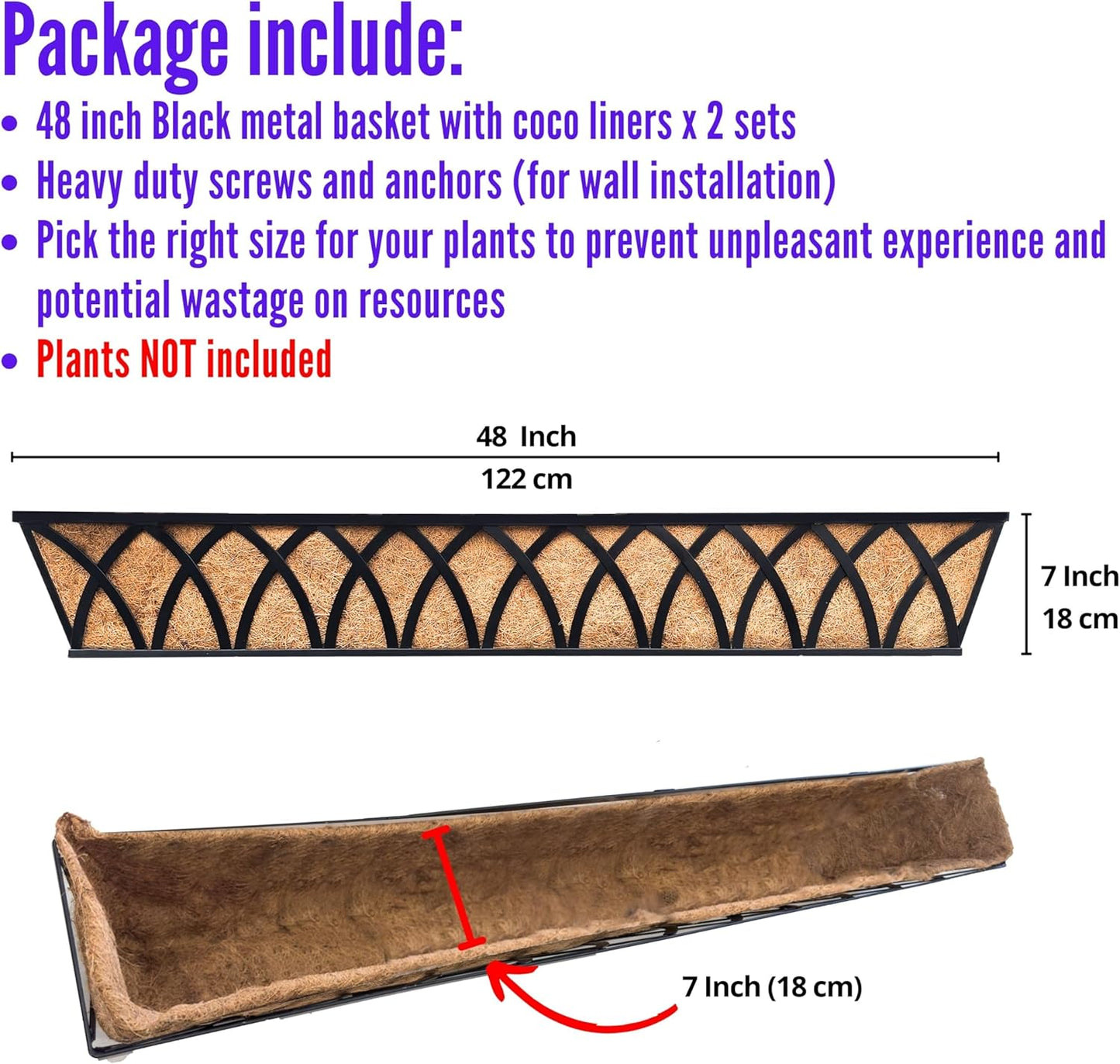 LaLaGreen Wall Planters (2 Pack, 48") Rectangular Black Metal Hanging Window Planter Box with Coco Liner, Flower Basket Plant Holder Attach House Outdoor Deck Railing Garden Patio Porch Balcony Fence