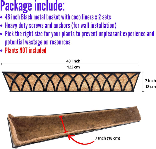 LaLaGreen Wall Planters (2 Pack, 48") Rectangular Black Metal Hanging Window Planter Box with Coco Liner, Flower Basket Plant Holder Attach House Outdoor Deck Railing Garden Patio Porch Balcony Fence