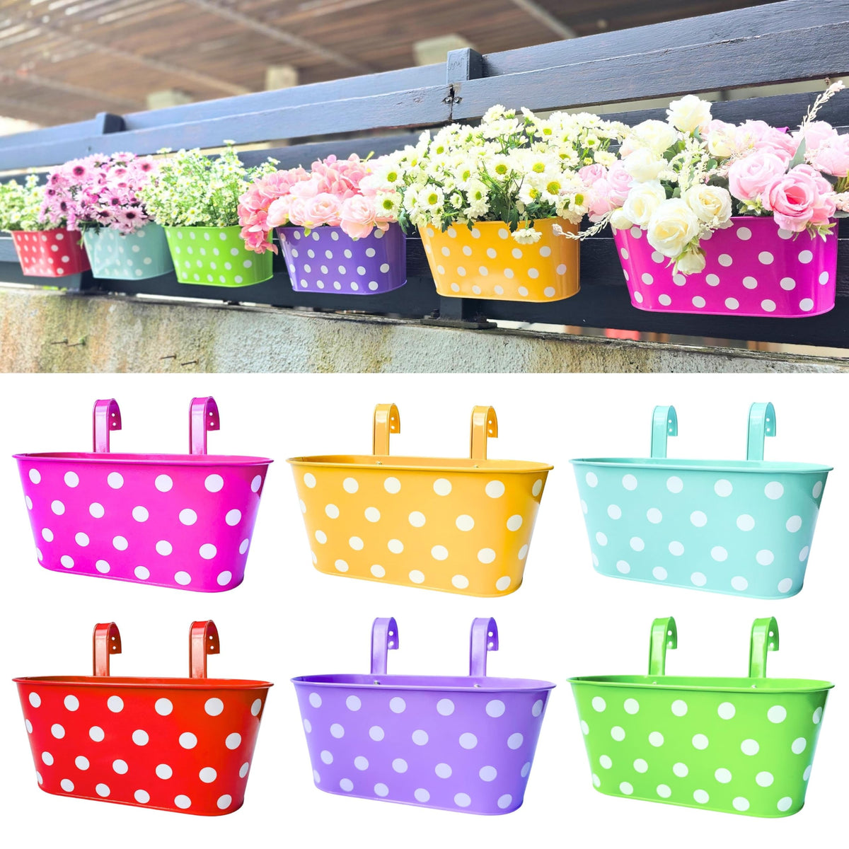 LaLaGreen Polka Dot Metal Railing Planter Boxes