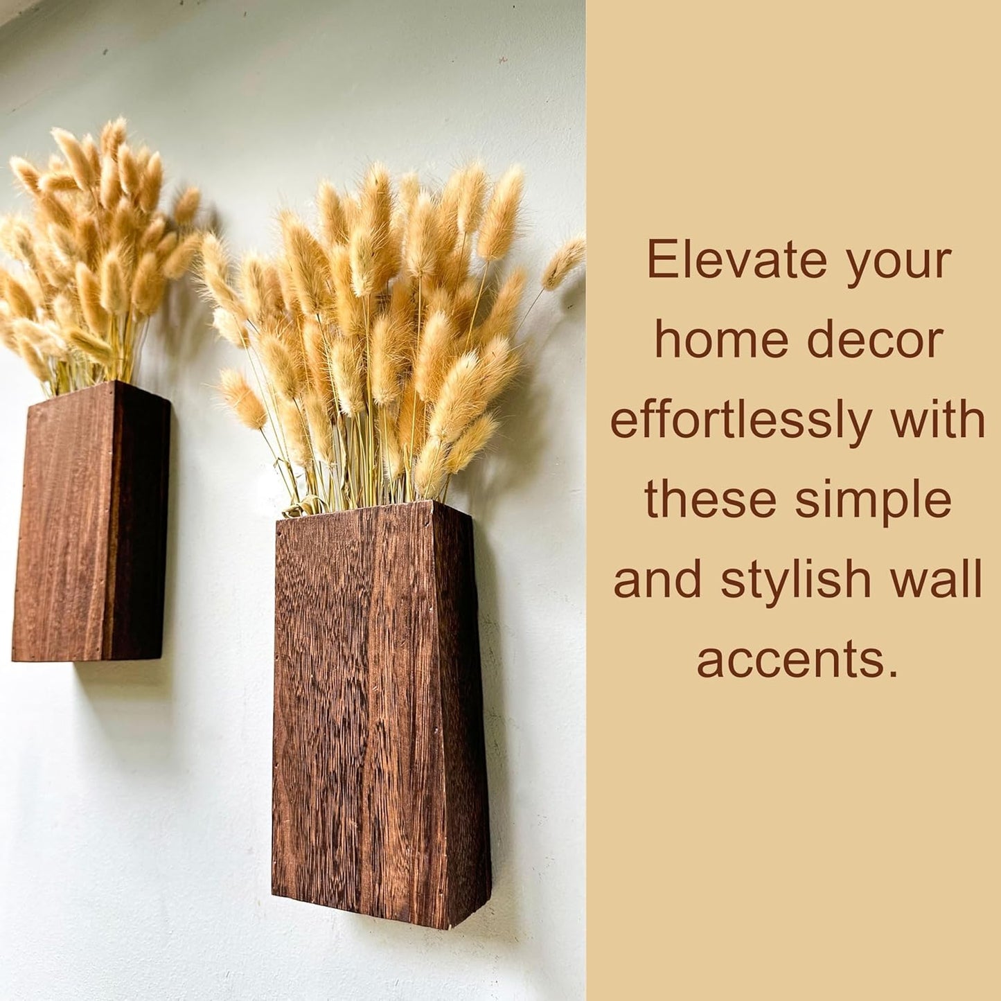 LaLaGreen Wood Wall Planters (2 Pack, 8 Inch), Include Bunny Tails Dried Flowers, Hanging Planter Wooden Box Vase for Indoor Modern Rustic Farmhouse Decor Home Living Room Bathroom Trendy Decoration