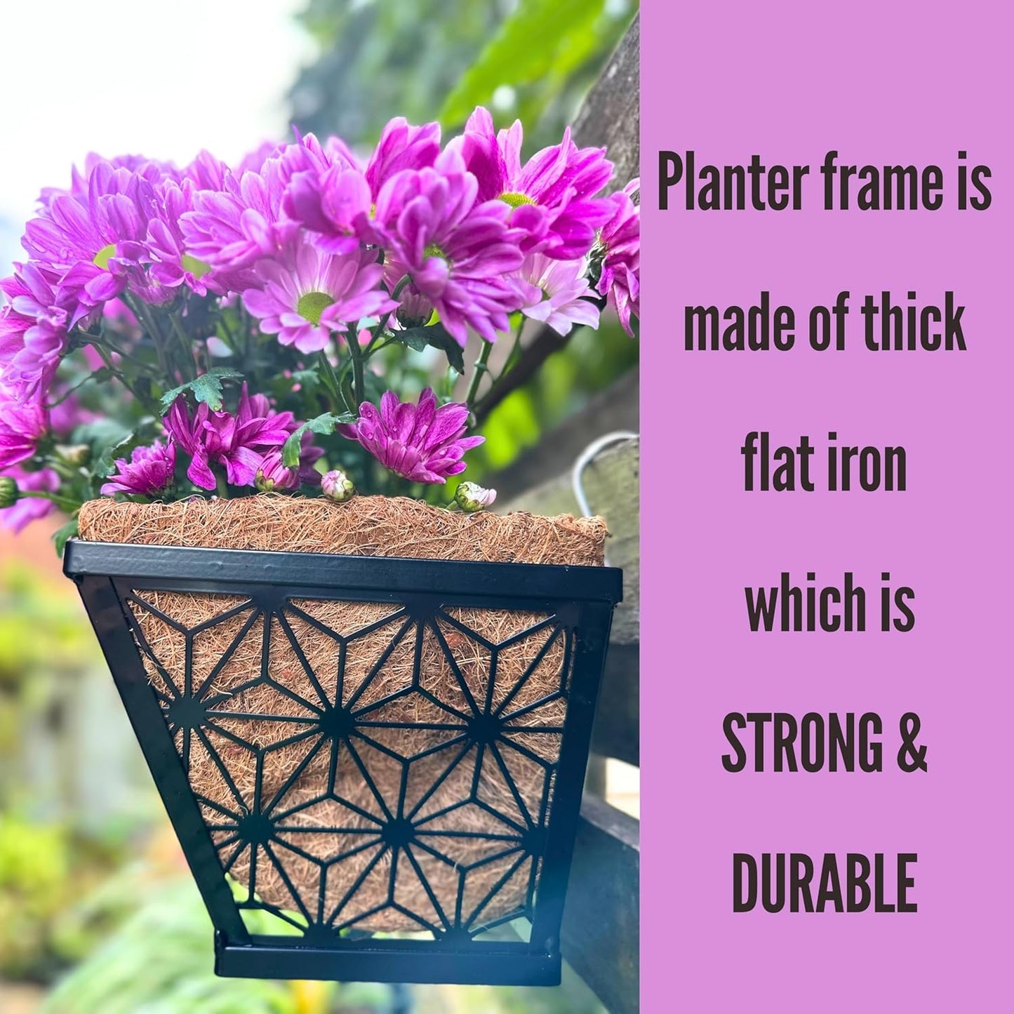 LaLaGreen Window Boxes Planter for Outdoor Plants (2 Pack, 16 Inch) Black Metal Basket Flower Pot Rectangular Wall Planters with Coco Liner, Horse Trough Deck Railing Balcony Modern Garden Fence Patio