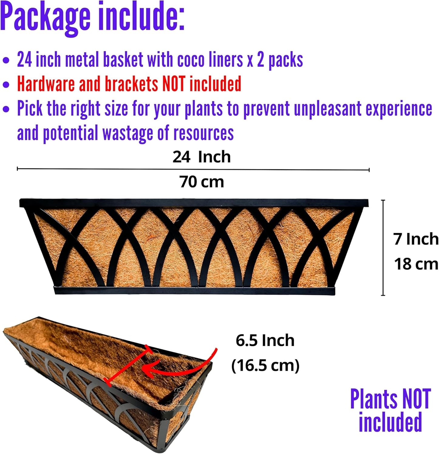 LaLaGreen Wall Planter (2 Pack, 24 Inch) Large Wall Hanging Planter Coco Liner Metal Iron Window Flower Boxes Outdoor Basket Box Attach House Outside Fence Rail Railing Plant Holder Deck Porch Balcony