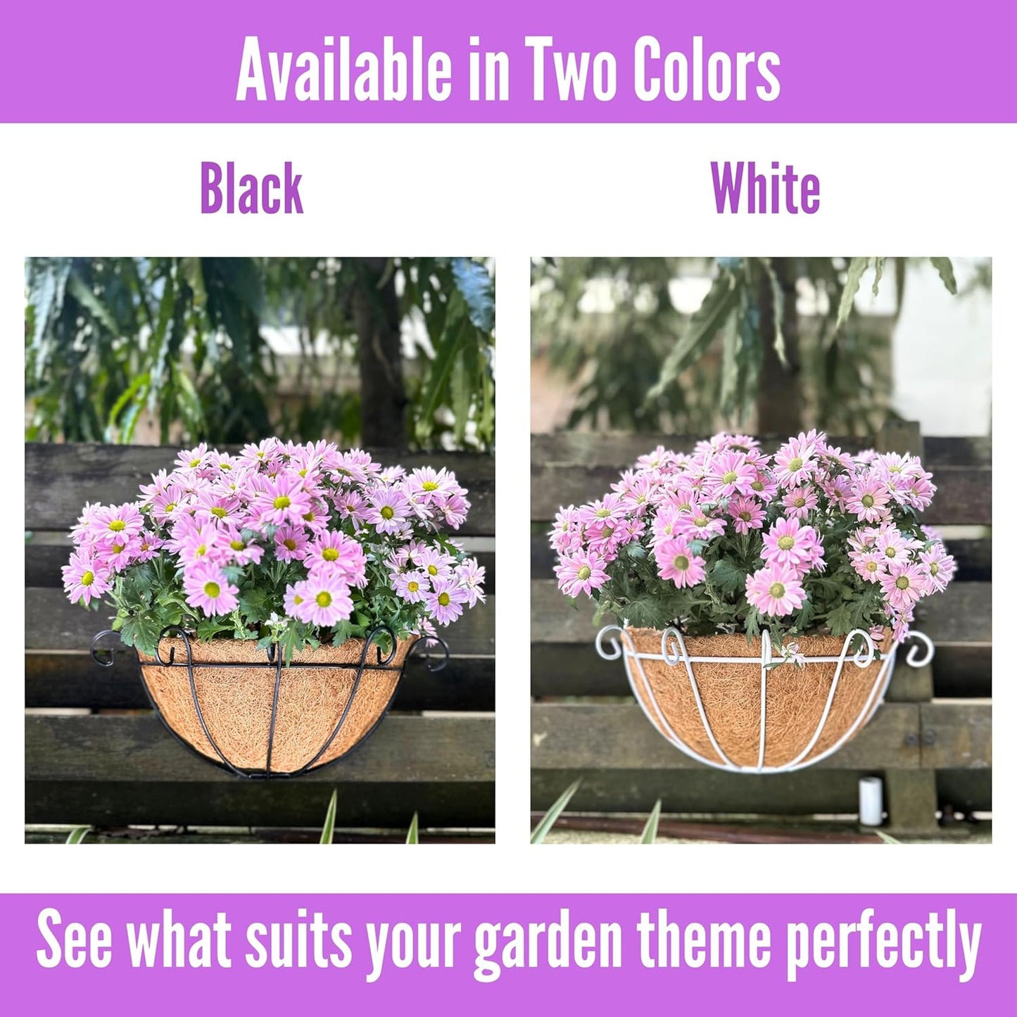 Shoplala Wall Hanging Planter for Outdoor (2 Pack, 10 Inch) Black Metal Hanging Flower Basket for Plants, Wall Planters with Coco Liner Indoor Wall Mounted Plant Holder Outside Balcony Fence Rail Deck