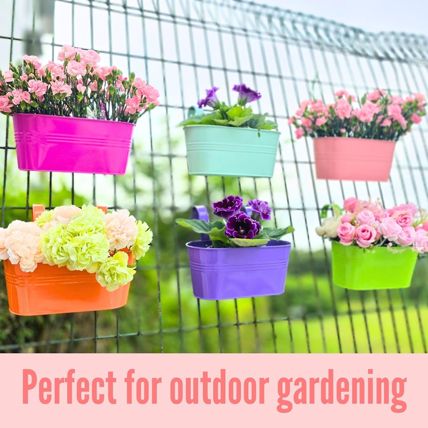LaLaGreen Outdoor Hanging Planter (11.2 Inch, 6 Pack) Light Blue, Green, Neon Pink, Dark Blue, Orange, Peachy Pink Metal Iron Window Box Flower Pot Deck Railings Fence Rails Buckets Porch Garden Decor