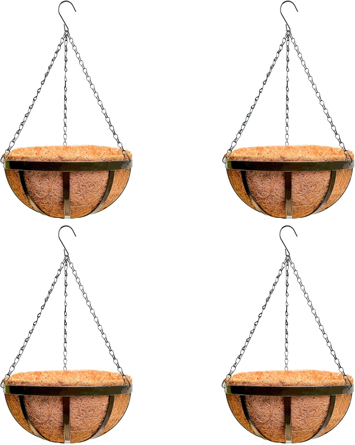 LaLaGreen Outdoor Hanging Baskets for Plants (4 Pack, 16 Inch) Black Large Hanging Planter with Coco Liner, Flat Iron Plant Pot Metal Flower Pots Deck Patio Porch Garden Balcony Outside Decoration