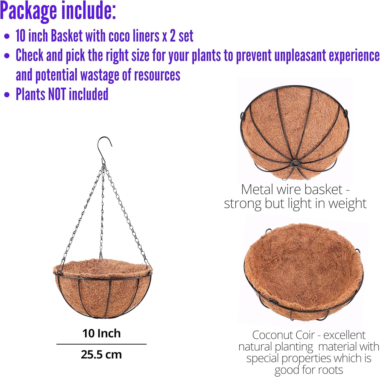 LaLaGreen Outdoor Hanging Baskets (2 Pack, 10 Inch) Hanging Planter with Coco Liner, Metal Round Wire Flower Pots Holder Hanger Hook for Deck Patio Porch Garden Balcony Outside Decor Decoration