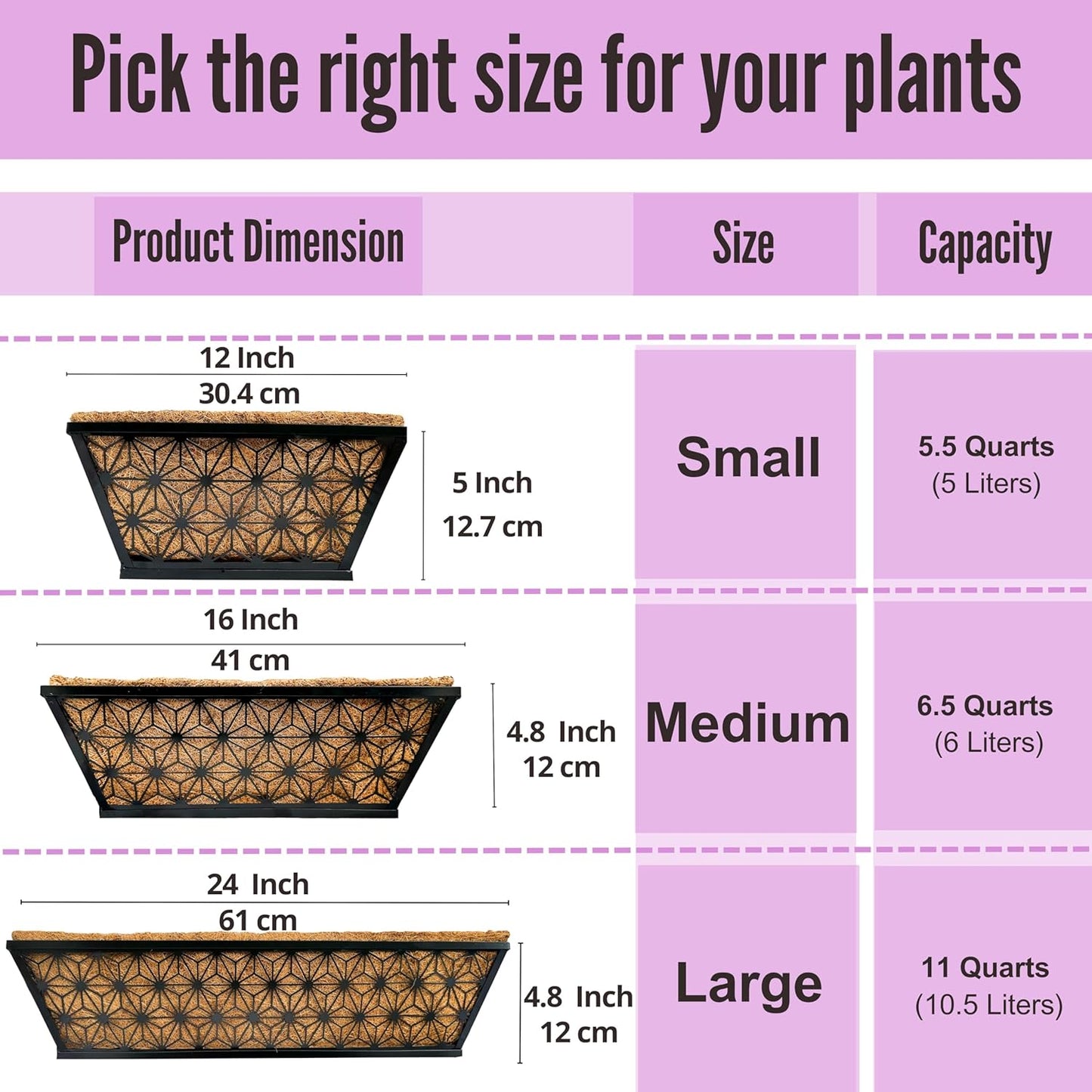 LaLaGreen Window Boxes Planter for Outdoor Plants (2 Pack, 16 Inch) Black Metal Basket Flower Pot Rectangular Wall Planters with Coco Liner, Horse Trough Deck Railing Balcony Modern Garden Fence Patio