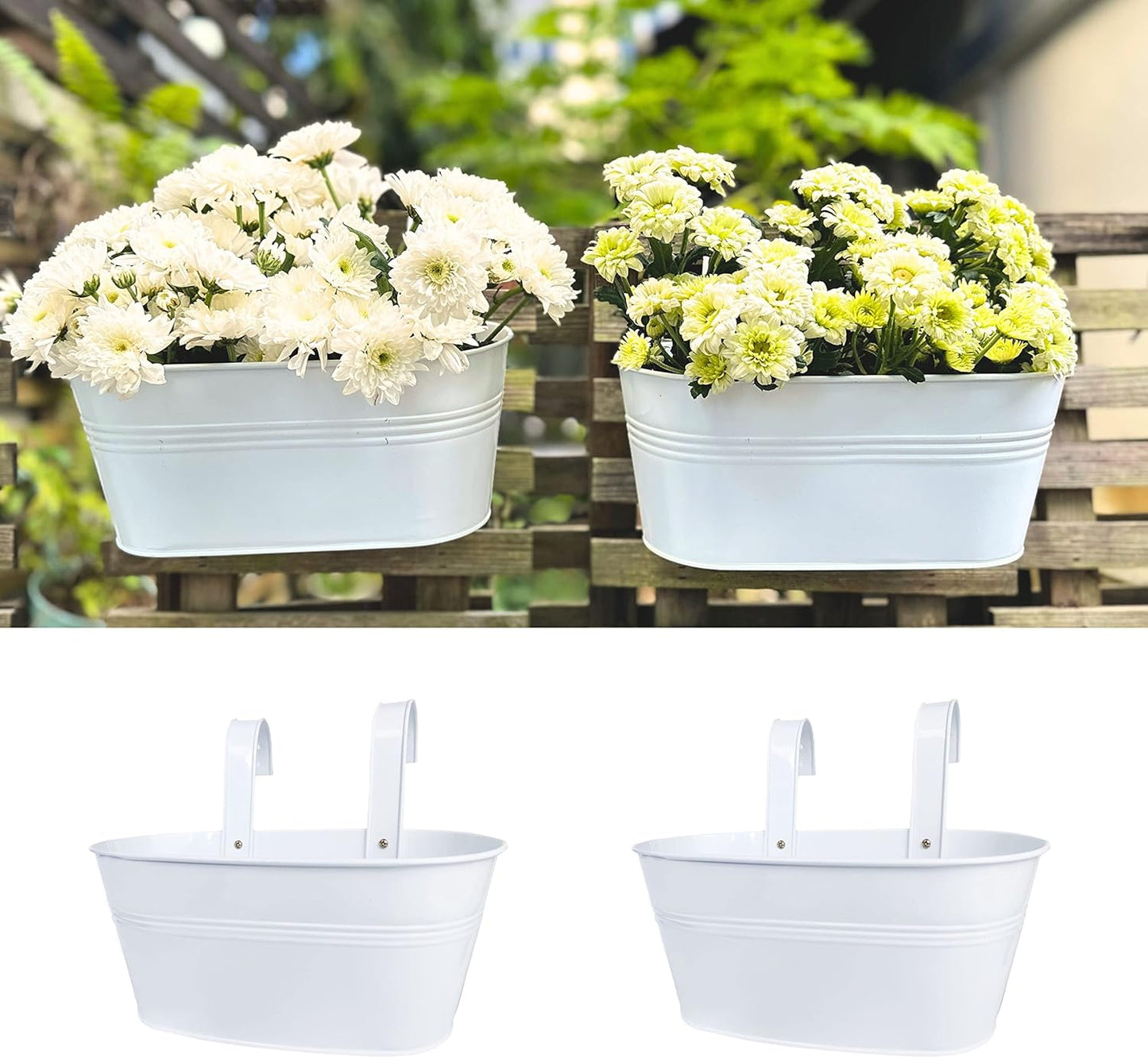 LaLaGreen Outdoor Rail Planter (10 Pack, 9.8 Inch) Small and Cute White Metal Iron Hanging Flower Pot Deck Railings Fence Buckets Countryside Style Wall Mount Window Box Plant Holder Hooks Porch Decor