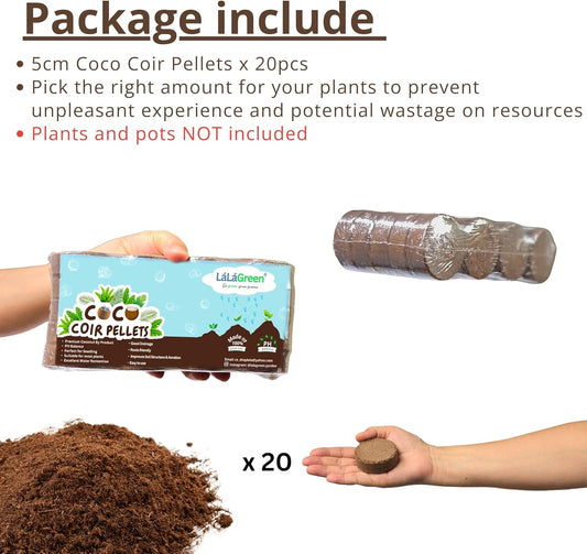 LaLaGreen Indoor Potting Soil (50mm, 20 Pack) Compressed Coco Coir Peat Pellets Organic Seed Starter Nutrient Pods Plugs for Planting Bonsai Herbs Plants Flowers and Vegetables Seedling Outdoor Garden