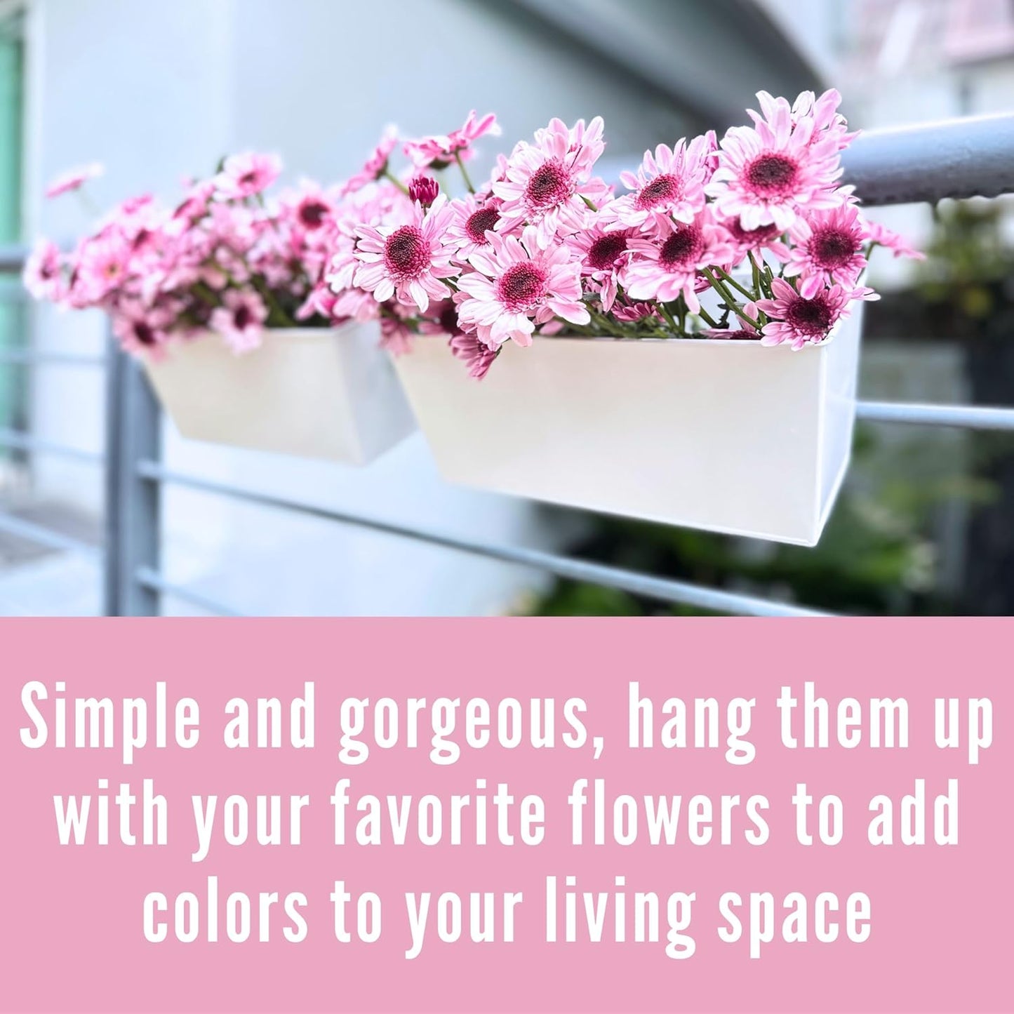 LalaGreen Window Boxes Planters (4 Pack, 12 Inch) White Metal Rectangle Outdoor Wall Hanging Flower Pots with Detachable Handle, Strawberry Railing Balcony Fence for Artificial Plant Rustic Boho Decor