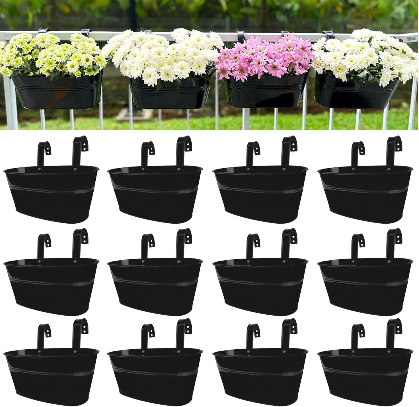 LaLaGreen Railing Planter Outdoor Plants (11.2 Inch, 2 Pack) Black Metal Iron Hanging Flower Pots Deck Rail Fence Hanging Bucket Modern Countryside Style Window Box Plant Holder with Hooks Porch Decor