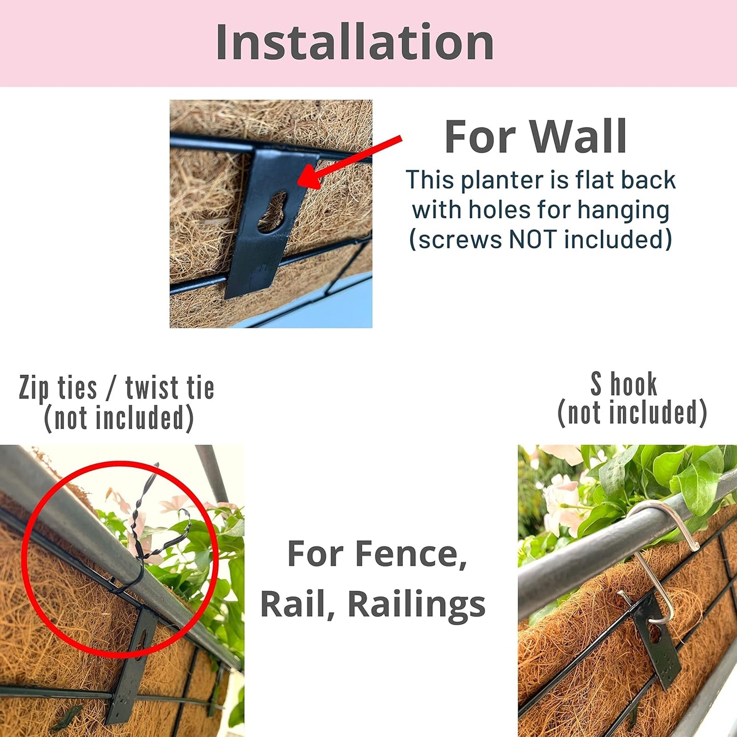 LaLaGreen Wall Mounted Planters - 16 Inch, 4 Pack Window Flower Boxes Basket Outdoor, Balcony Planter Over The Rail, Deck Railing Hanging with Coco Liners, Metal Horse Troughs Fence Patio Porch