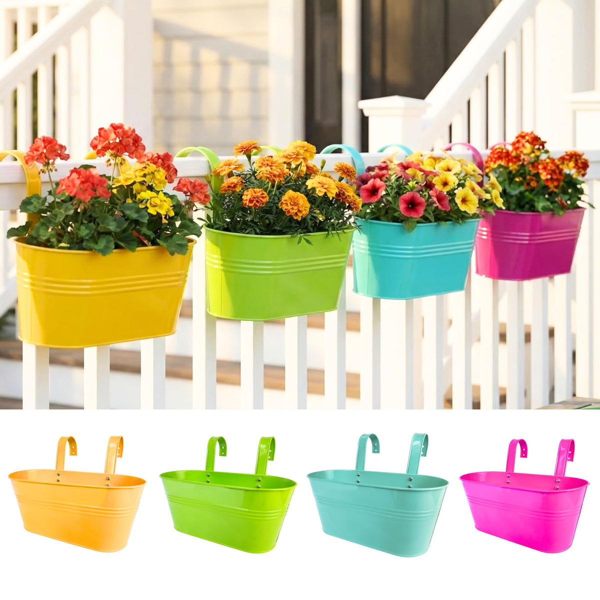 LaLaGreen Colorful Oval Metal Railing Planter Boxes