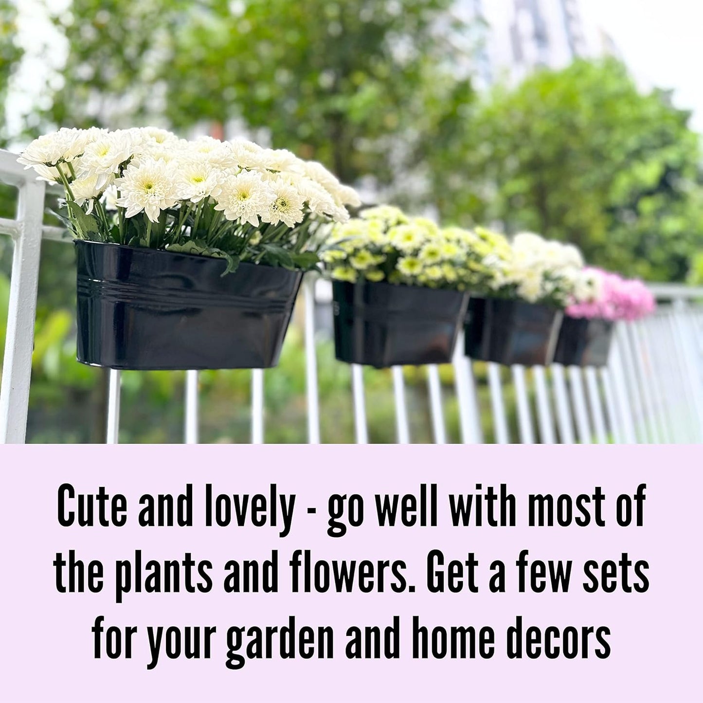 LaLaGreen Rail Planter Outdoor Plants(5 Pack, 11.8 Inch) Black Metal Iron Hanging Flower Pots Deck Railings Fence Buckets Modern Countryside Boho Style Wall Mount Window Box Plant Holder Porch Decor