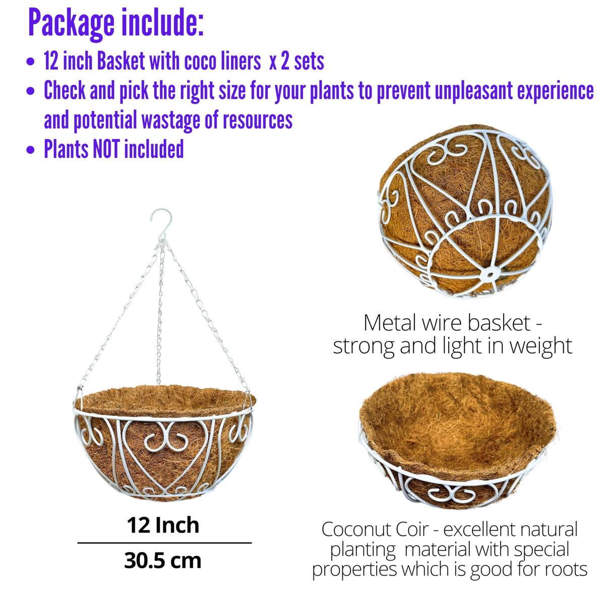 LaLaGreen Metal Hanging Baskets (10 in, 2 Pack) White Coco Liner Plant Pots