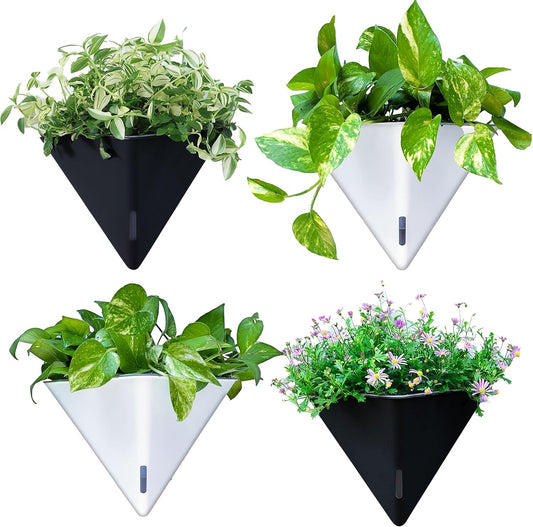 LaLaGreen Wall Planters for Indoor Plants - 4 Pack, 12 Inch Large Self Watering Black and White Mixed Color Geometric Indoor Vertical Garden Wall Hanging Flower Vase Vessel with Metal Hanger Stylish