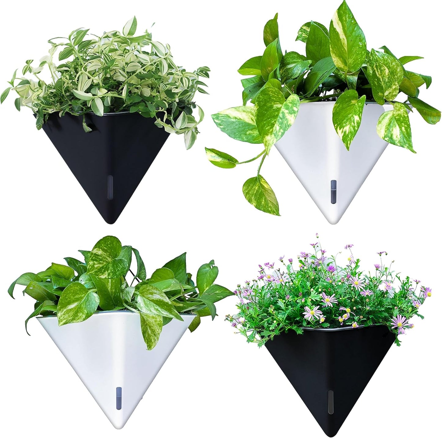 LaLaGreen Wall Planters for Indoor Plants - 4 Pack, 12 Inch Large Self Watering Black and White Mixed Color Geometric Indoor Vertical Garden Wall Hanging Flower Vase Vessel with Metal Hanger Stylish