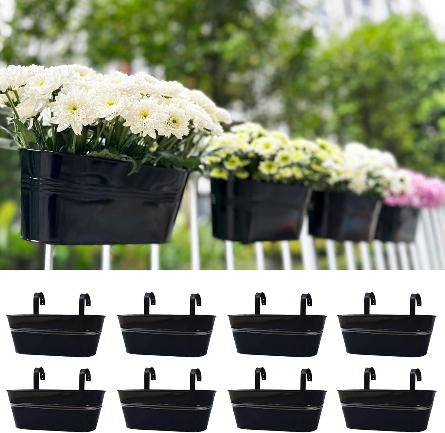 LaLaGreen Deck Railing Planter Box (17 Inch, 8 Pack) Large Black Metal Window Flower Boxes Outdoor, Hanging Planters Plant Holder Fence Rail Bucket Boho Style Wall Mount Outside Patio Porch Herb Decor