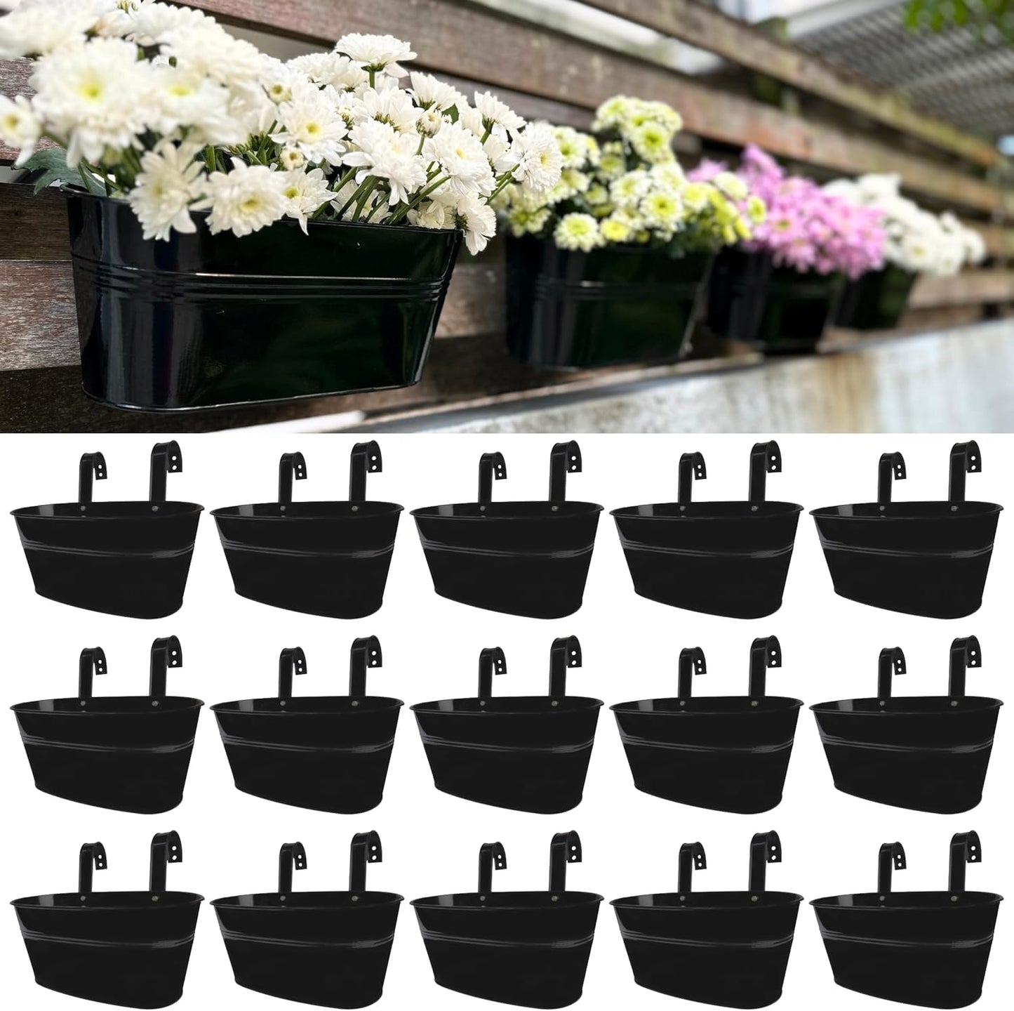 LaLaGreen Rail Planter Outdoor Plants(11.8 Inch, 12 Pack) Black Metal Iron Hanging Flower Pots Deck Railings Fence Buckets Modern Countryside Boho Style Wall Mount Window Box Plant Holder Porch Decor
