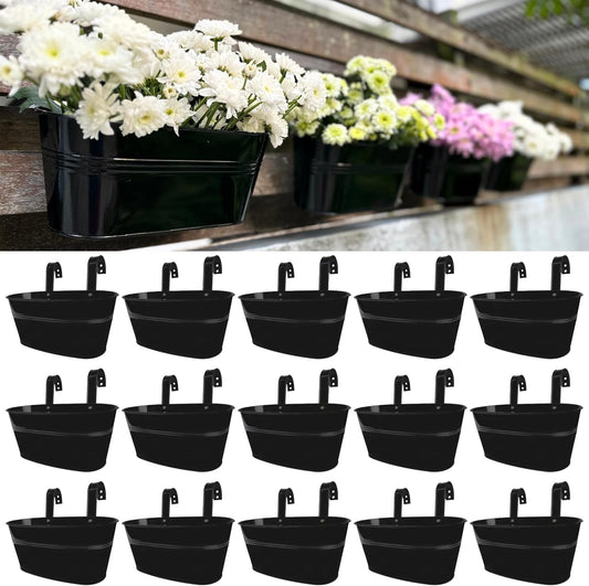 LaLaGreen Rail Planter Outdoor Plants(11.8 Inch, 15 Pack) Black Metal Iron Hanging Flower Pots Deck Railings Fence Buckets Modern Countryside Boho Style Wall Mount Window Box Plant Holder Porch Decor