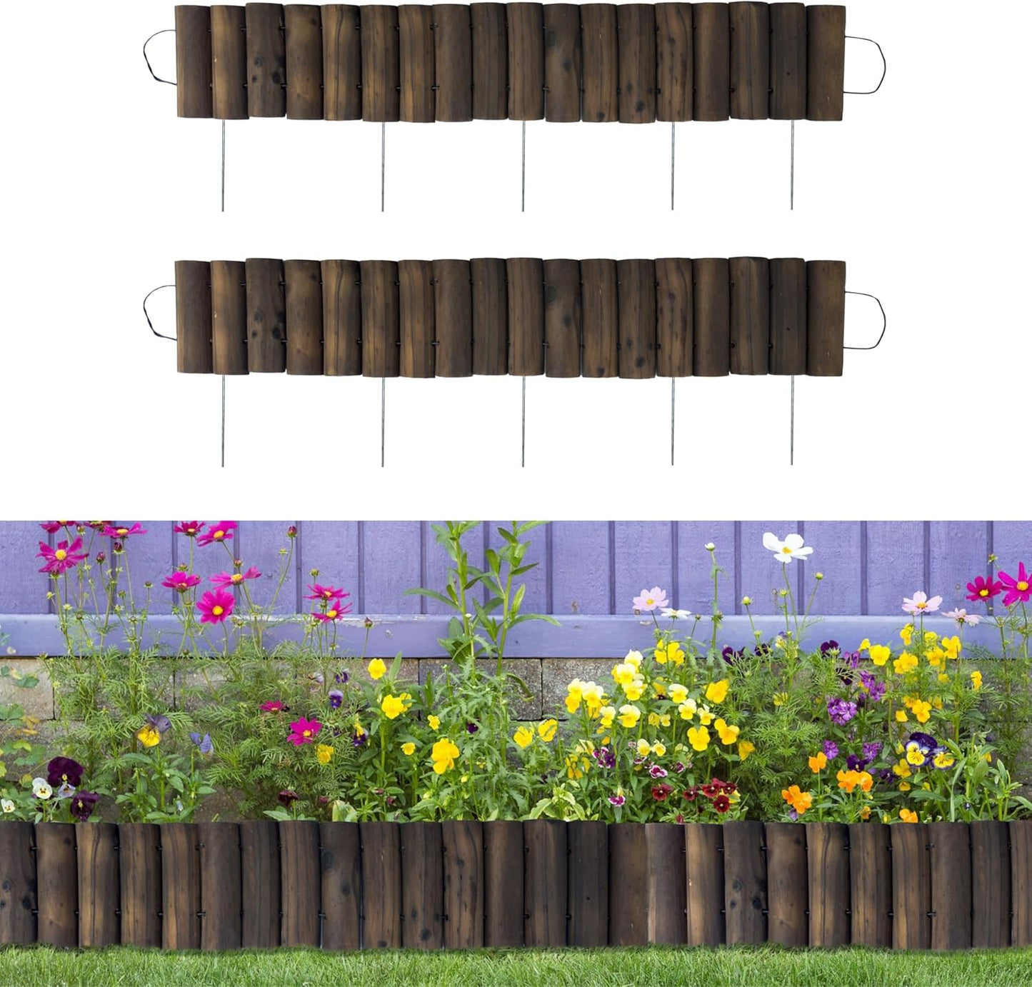 LaLaGreen Garden Edging Border (2 Pack, 36"x6") Small Wooden Fence Lawn Yard Landscape with Metal Stakes, Expandable Half Wood Brown Decorative Planting Tree Patio Path Flower Bed Outdoor Decor No Dig