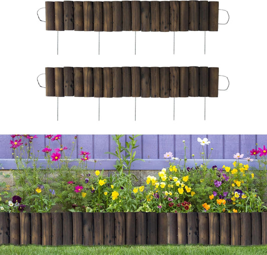 LaLaGreen Garden Edging Border (2 Pack, 36"x6") Small Wooden Fence Lawn Yard Landscape with Metal Stakes, Expandable Half Wood Brown Decorative Planting Tree Patio Path Flower Bed Outdoor Decor No Dig
