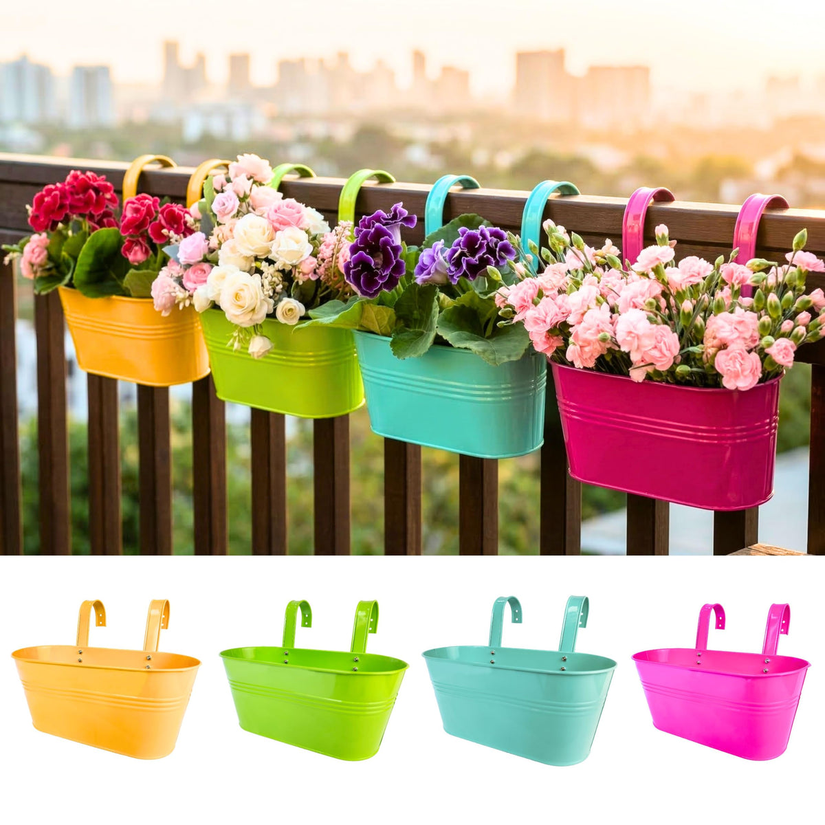 LaLaGreen Colorful Oval Metal Railing Planter Boxes