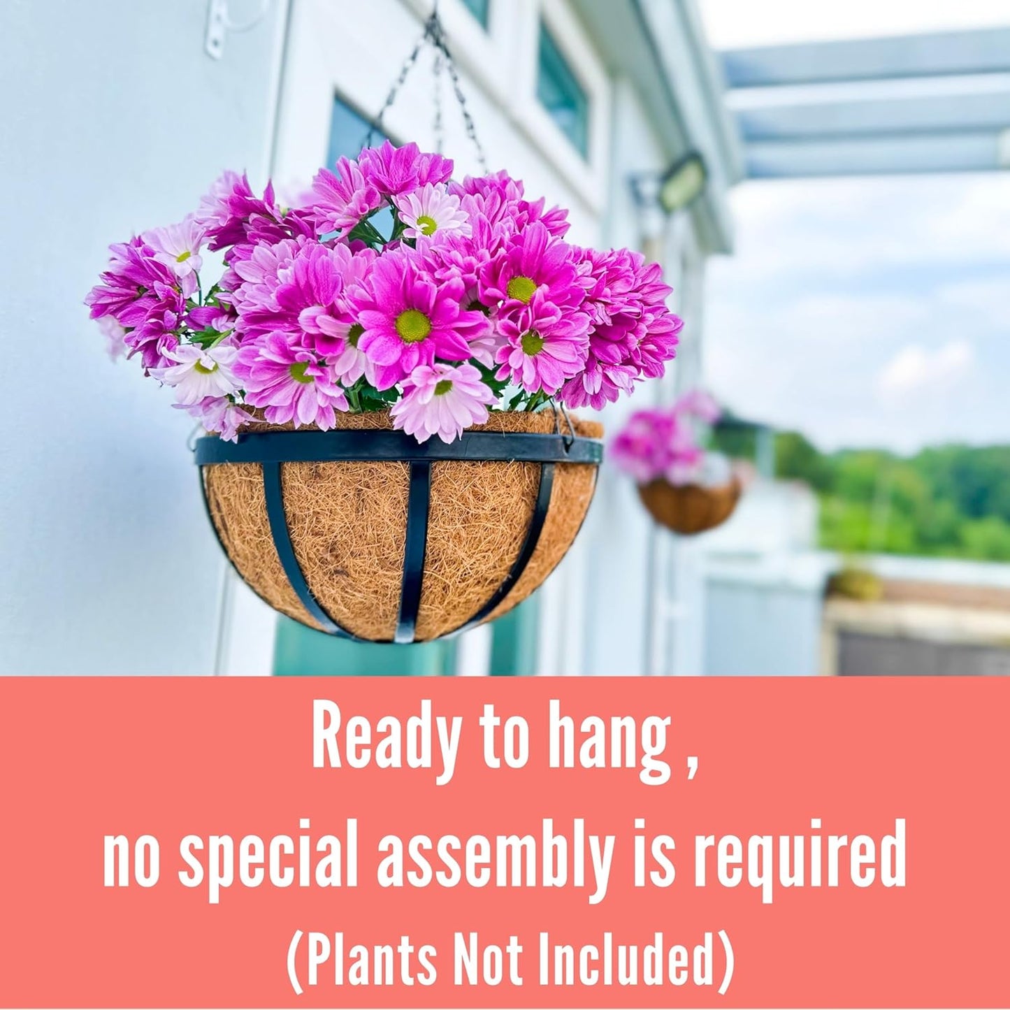 LaLaGreen Outdoor Hanging Baskets for Plants (4 Pack, 14 Inch) Large Hanging Planter with Coco Liner, Round Plant Flat Iron Metal Flower Pots for Deck Patio Porch Garden Balcony Outside Decoration