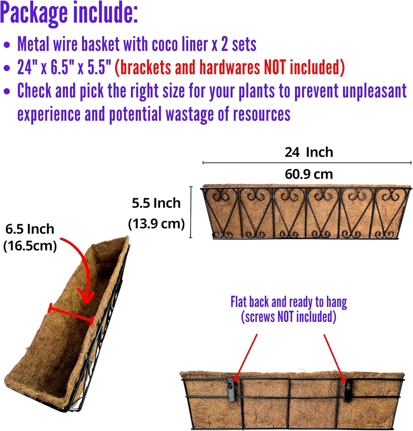 LaLaGreen Large Rail Planters - 2 Pack, 24 Inch Wall Hanging Basket with Coco Liner Deck Railing Hanging Window Flower Box Outdoor Black Metal Trough Plant Holder Fence Balcony Patio Porch Garden