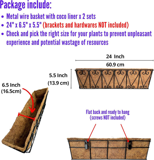 LaLaGreen Large Rail Planters - 2 Pack, 24 Inch Wall Hanging Basket with Coco Liner Deck Railing Hanging Window Flower Box Outdoor Black Metal Trough Plant Holder Fence Balcony Patio Porch Garden