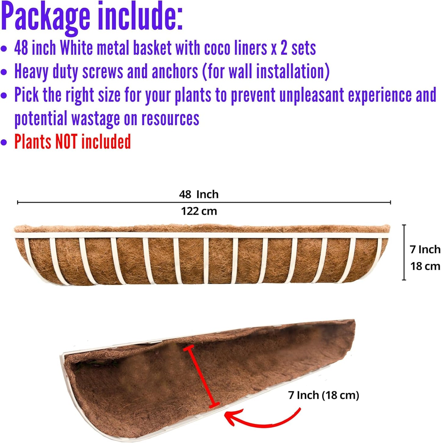 LaLaGreen Window Planter Boxes (48 Inch, 2 Pack) Deck Railing Flower Box with Coco Liner, White Metal Rectangular Wall Planters for Outdoor Plants Fence Balcony Horse Trough Garden Herb Patio Porch