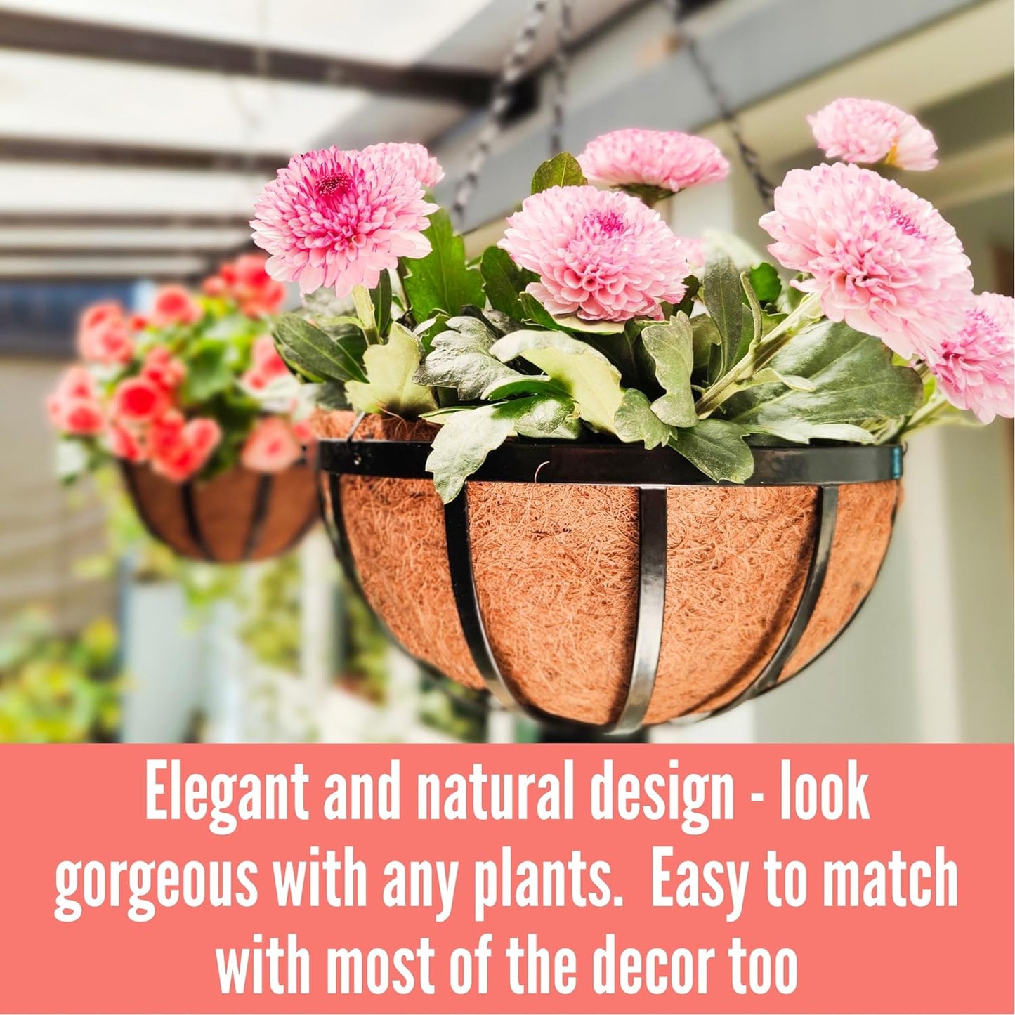 LaLaGreen Outdoor Hanging Baskets for Plants (2 Pack, 20 Inch) Extra Large Black Metal Flat Iron Hanging Planters with Coco Liner Round Flower Pot Holder Hanger Deck Porch Modern Garden Balcony Decor