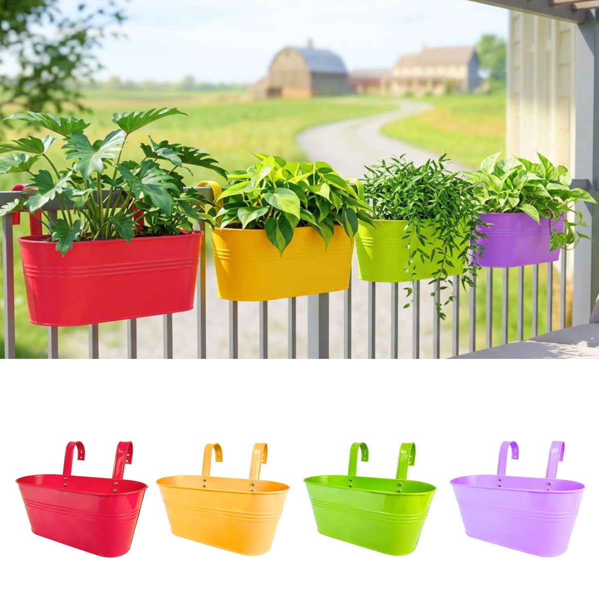 LaLaGreen Colorful Oval Metal Railing Planter Boxes