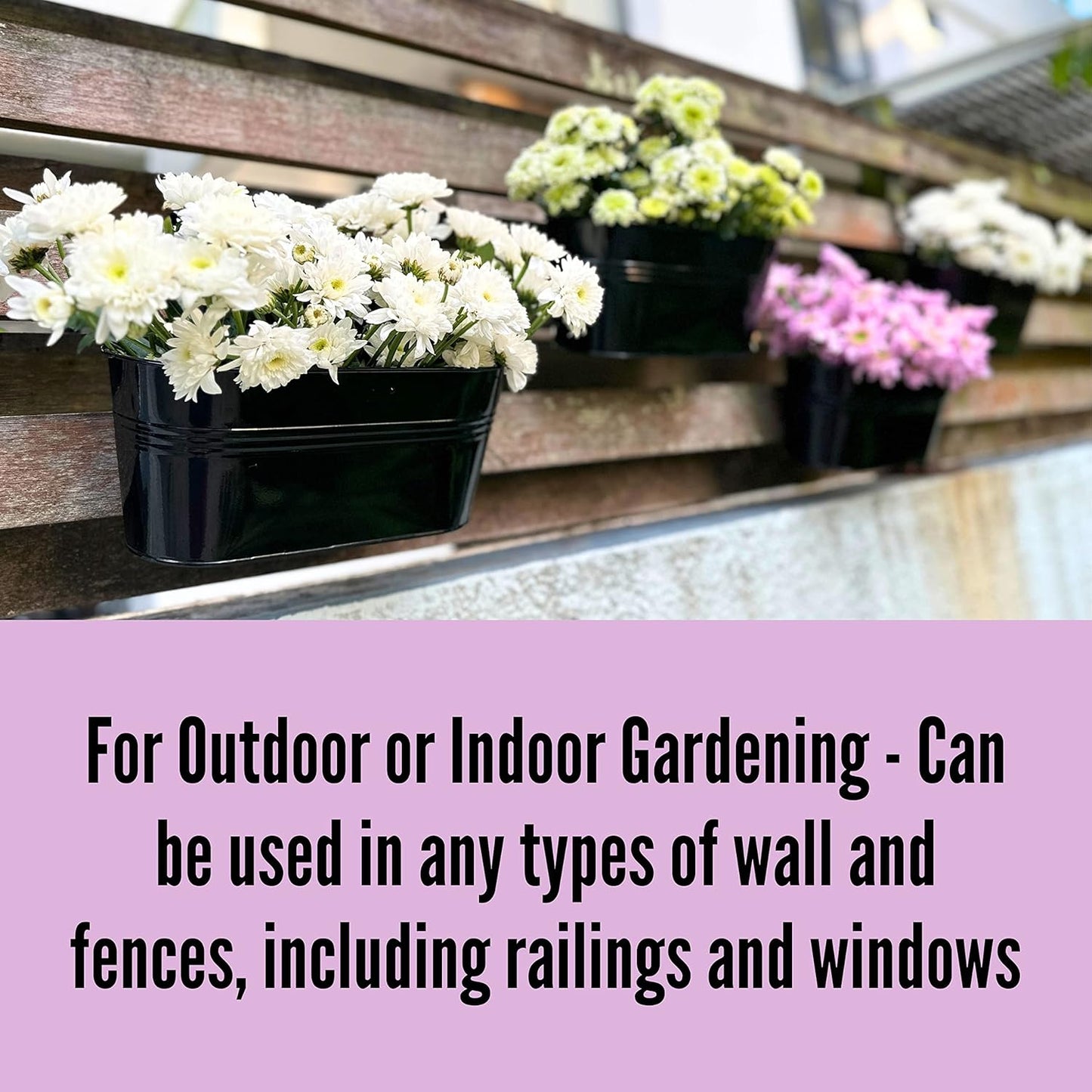 LaLaGreen Outdoor Rail Planter for Balcony (4 Pack, 9.8 Inch) Small and Cute Black Metal Iron Fence Hanging Flower Pots Deck Railings Buckets Boho Style Window Box Plant Holder Hooks Porch Decor